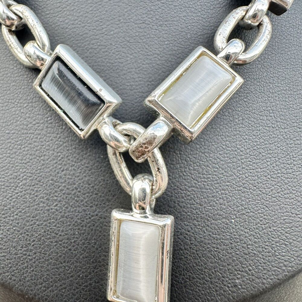 Vintage Carolee Blue Cat Eye Glass Silver Modernist Lariat Y-Drop Necklace - Picture 3 of 5